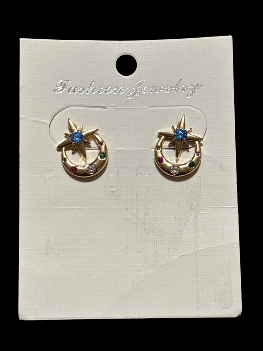 Fashion Jewelry Gold Star & Crescent Earrings with Blue and Multicolor Accents